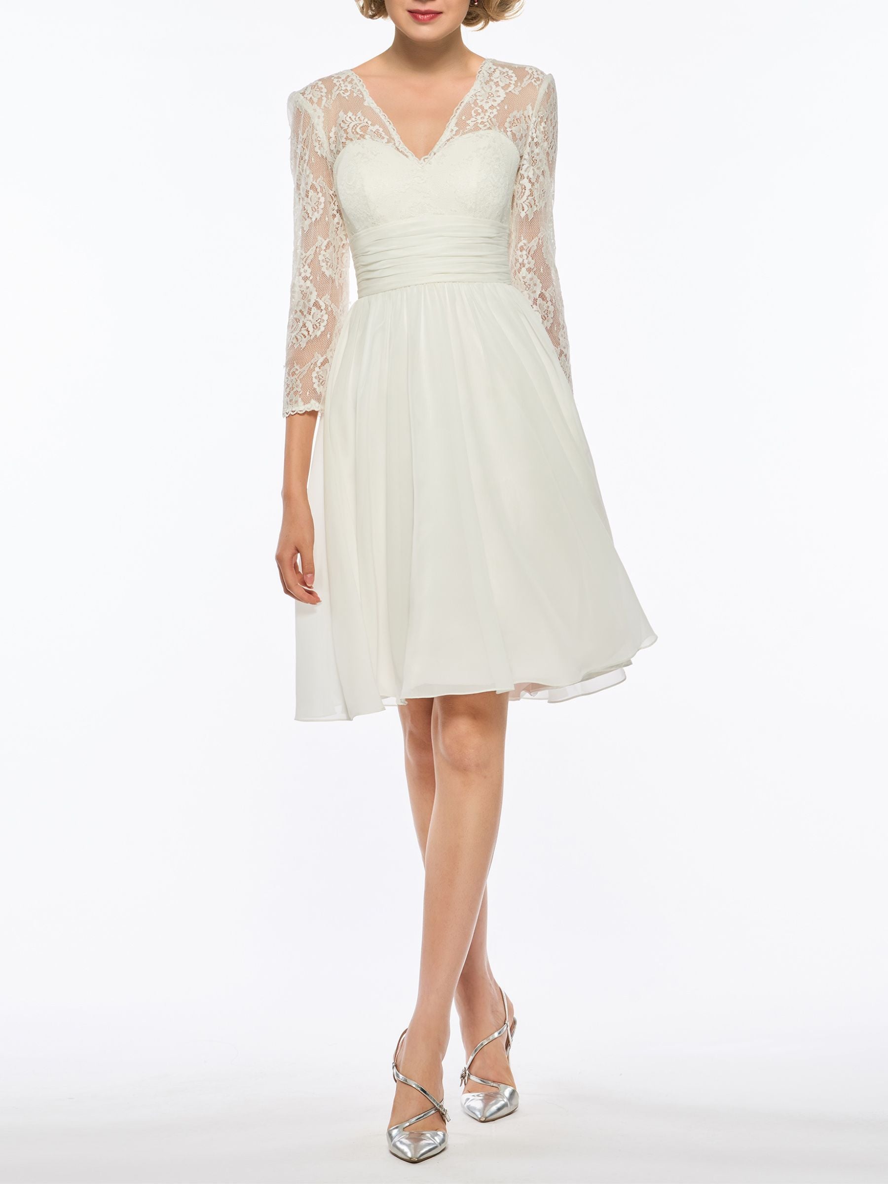 V-Neck A-Line Princess Wedding Dress with 3/4 Sleeves and Lace in Tea Length