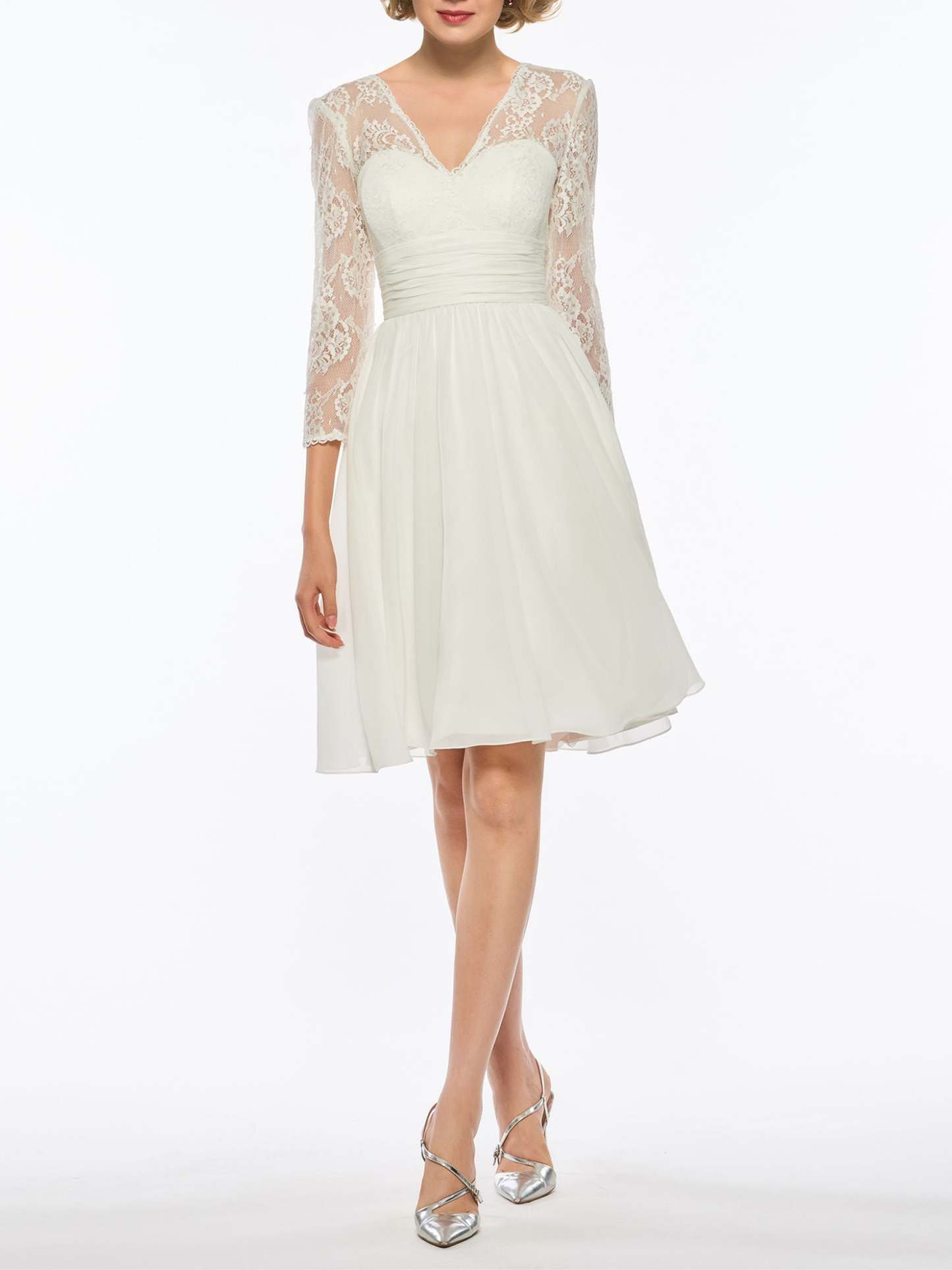 V-Neck A-Line Princess Wedding Dress with 3/4 Sleeves and Lace in Tea Length