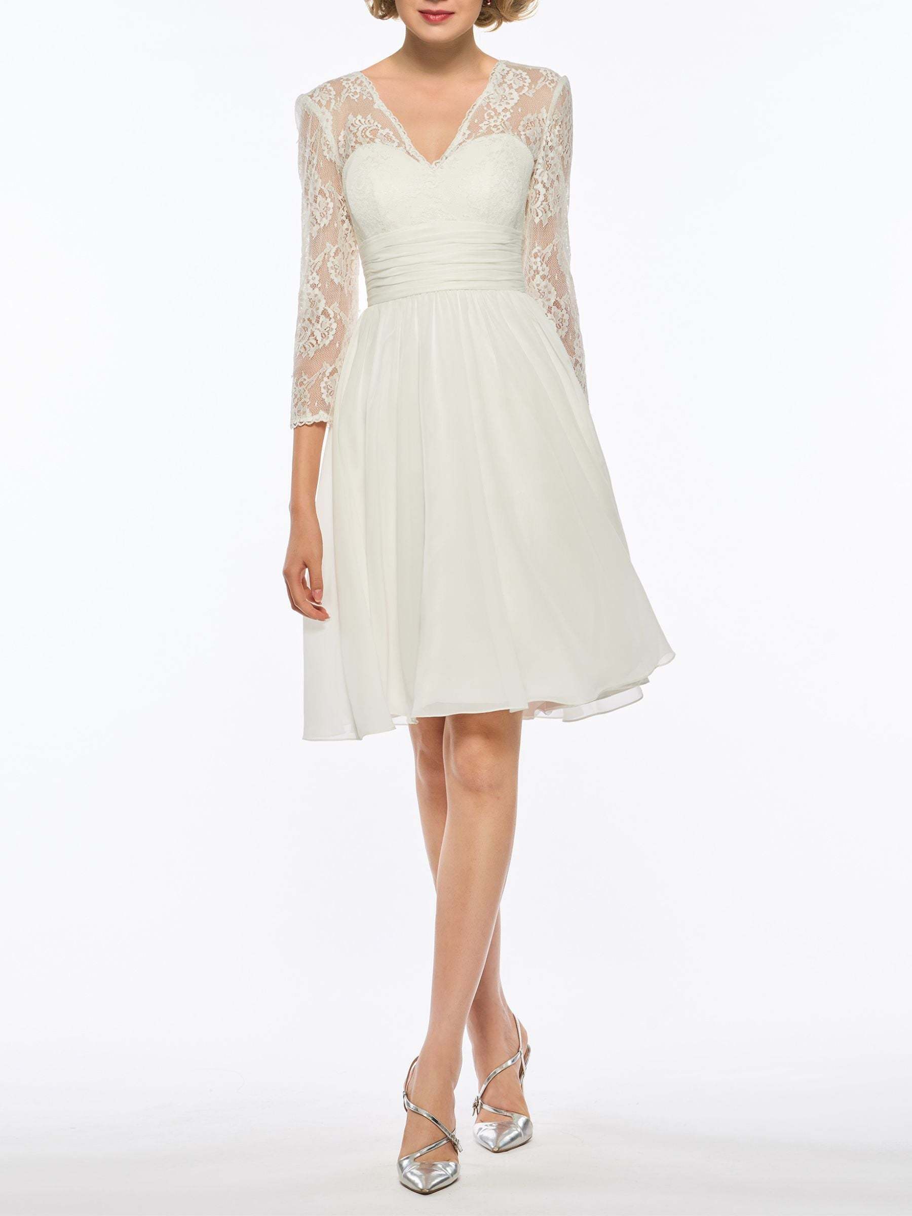 V-Neck A-Line Princess Wedding Dress with 3/4 Sleeves and Lace in Tea Length