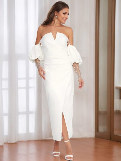 V-Neck Half-Sleeve Ankle-Length Wedding Dress with Lace and Side Split