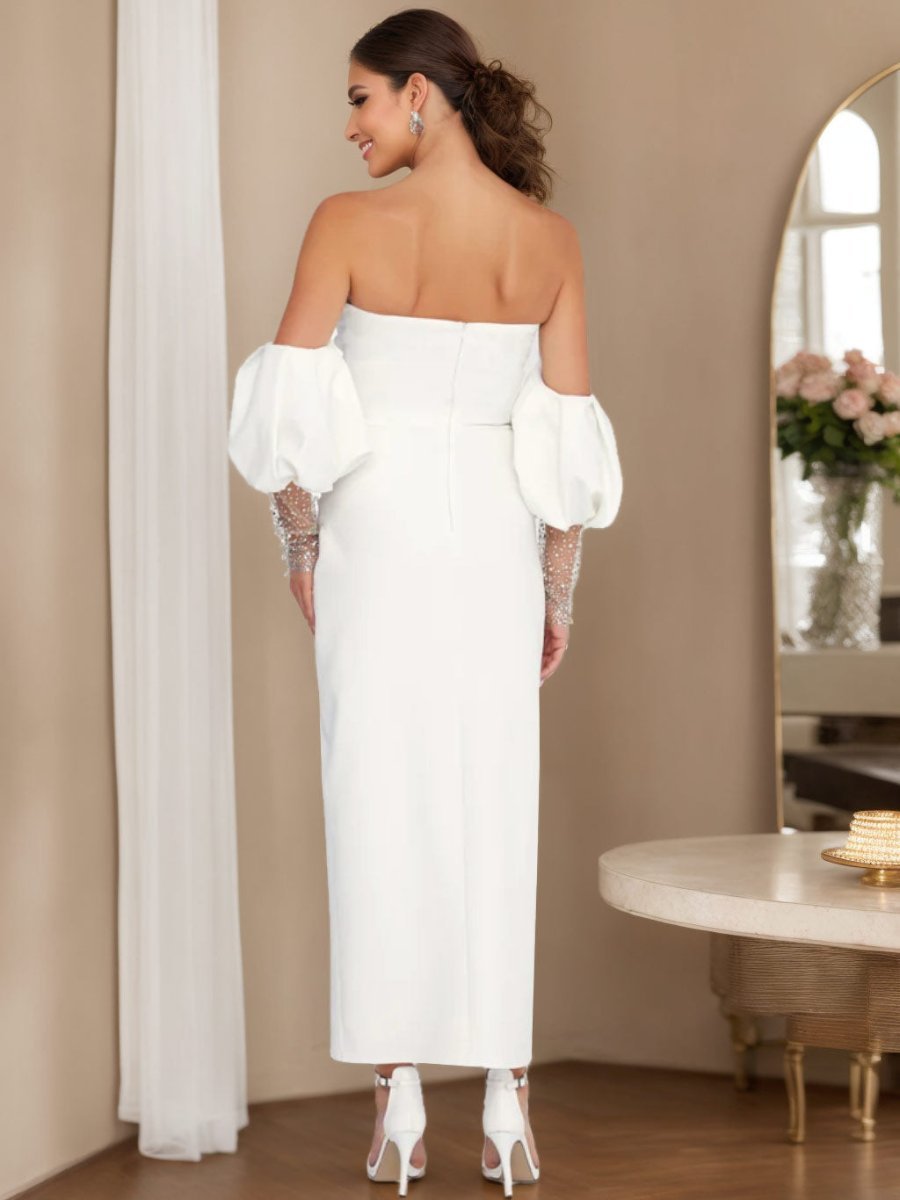 V-Neck Half-Sleeve Ankle-Length Wedding Dress with Lace and Side Split