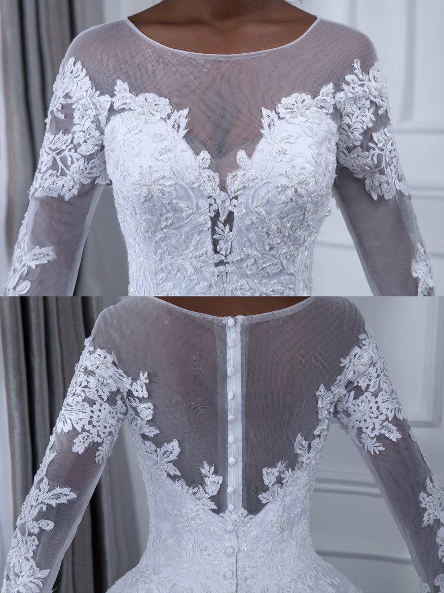 Princess A-Line Wedding Dresses with Long Sleeves and Lace Appliques