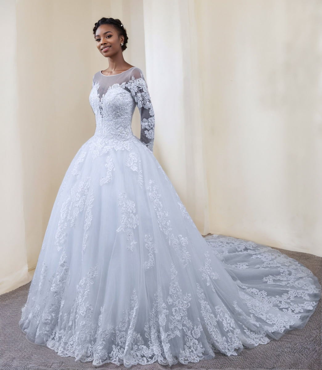Princess A-Line Wedding Dresses with Long Sleeves and Lace Appliques
