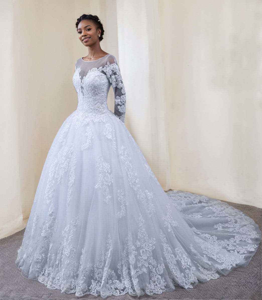 Princess A-Line Wedding Dresses with Long Sleeves and Lace Appliques