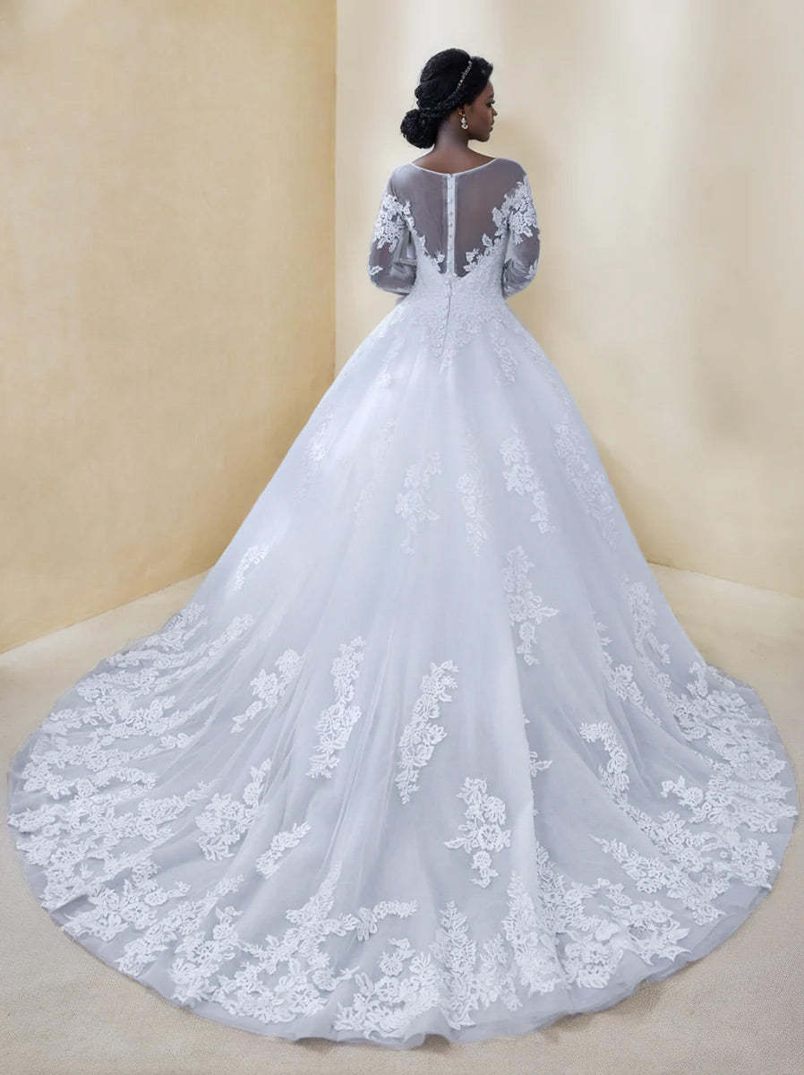 Princess A-Line Wedding Dresses with Long Sleeves and Lace Appliques