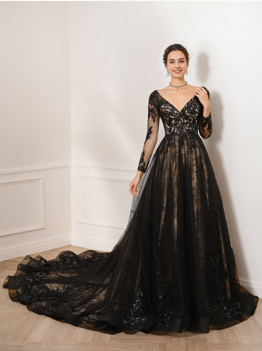 V-Neck A-Line Princess Wedding Gown with Long Sleeves, Tulle Skirt, Appliques, and Beading