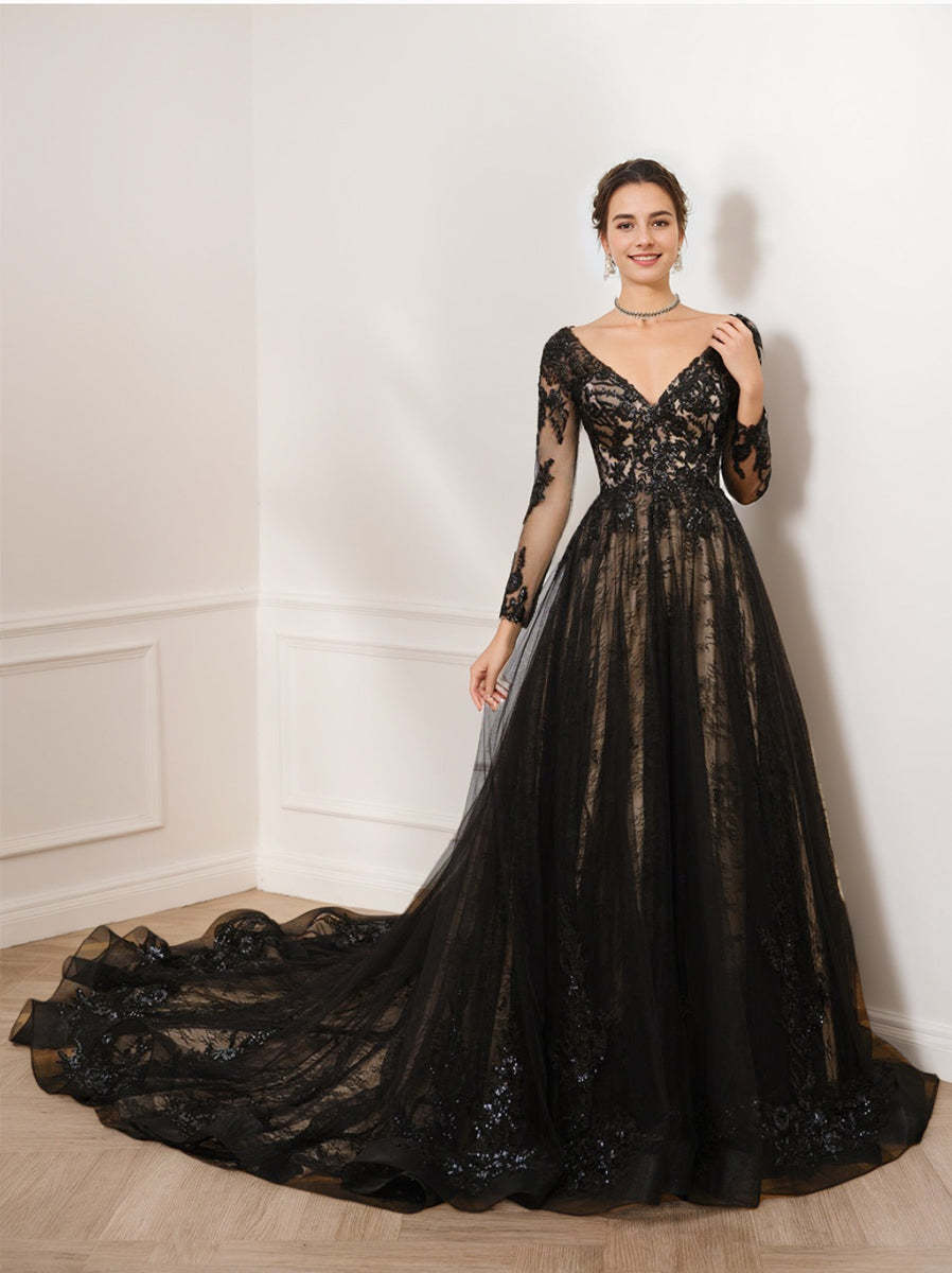 V-Neck A-Line Princess Wedding Gown with Long Sleeves, Tulle Skirt, Appliques, and Beading