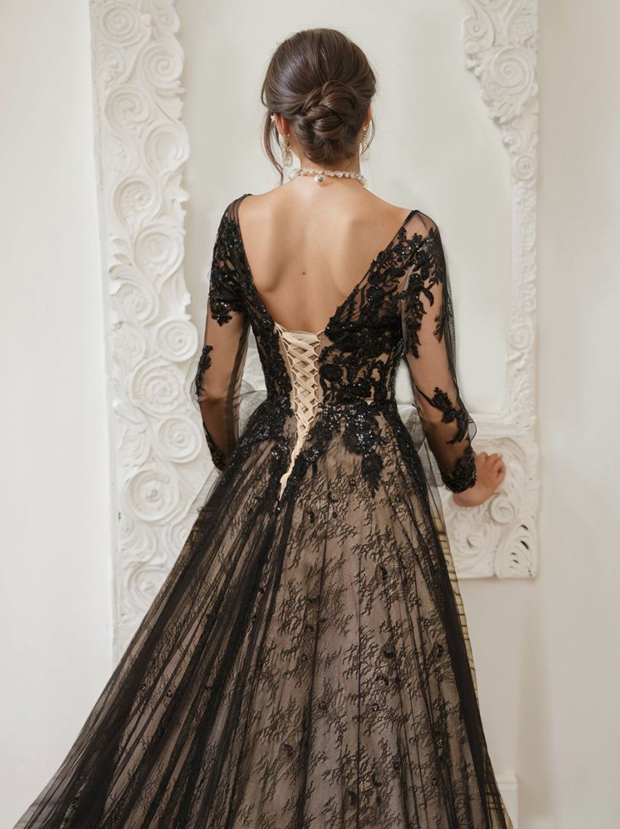 V-Neck A-Line Princess Wedding Gown with Long Sleeves, Tulle Skirt, Appliques, and Beading