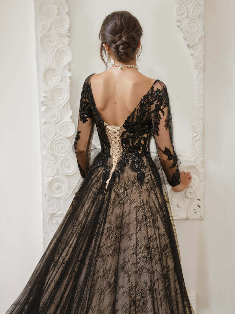 V-Neck A-Line Princess Wedding Gown with Long Sleeves, Tulle Skirt, Appliques, and Beading