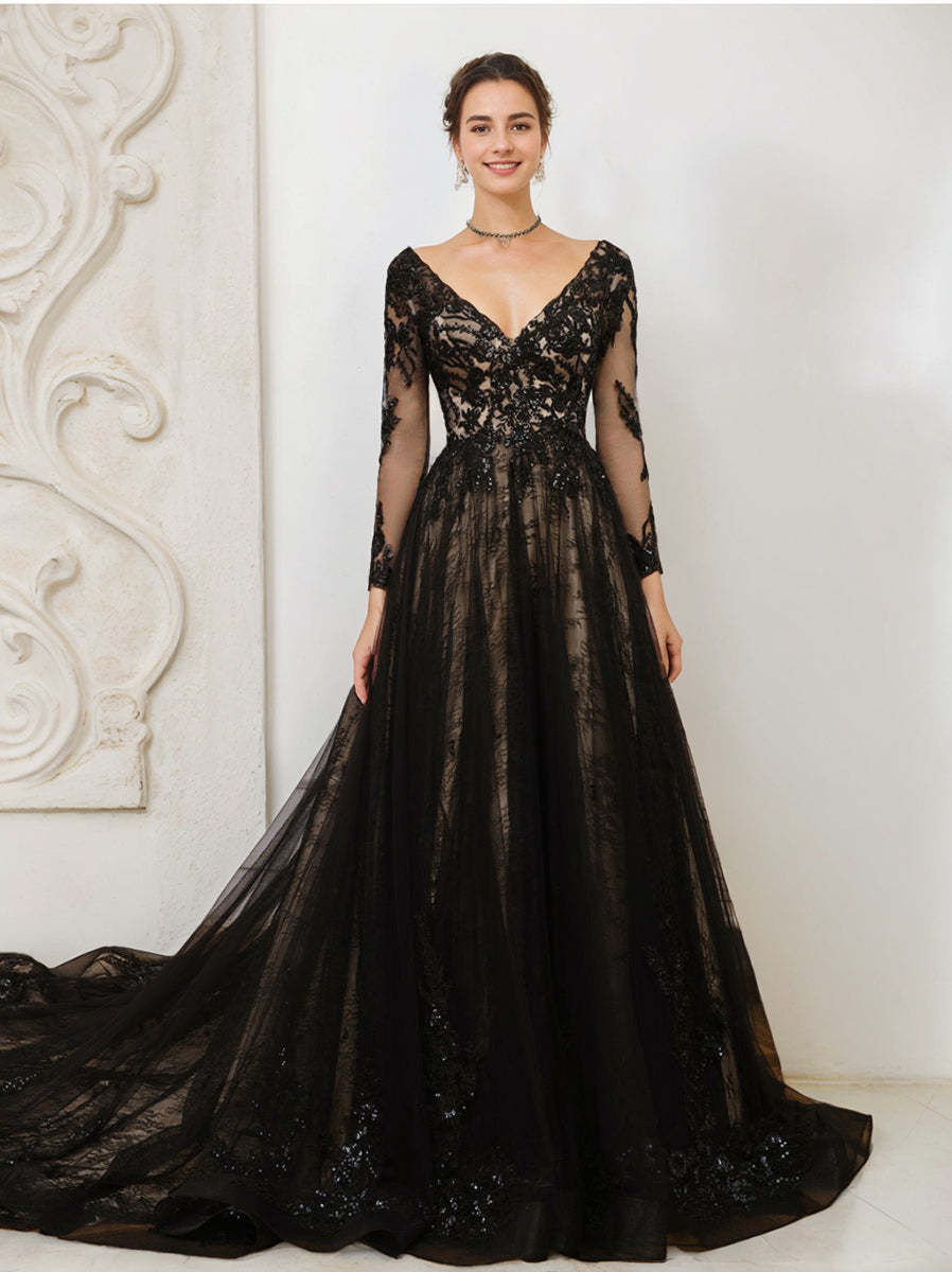 V-Neck A-Line Princess Wedding Gown with Long Sleeves, Tulle Skirt, Appliques, and Beading