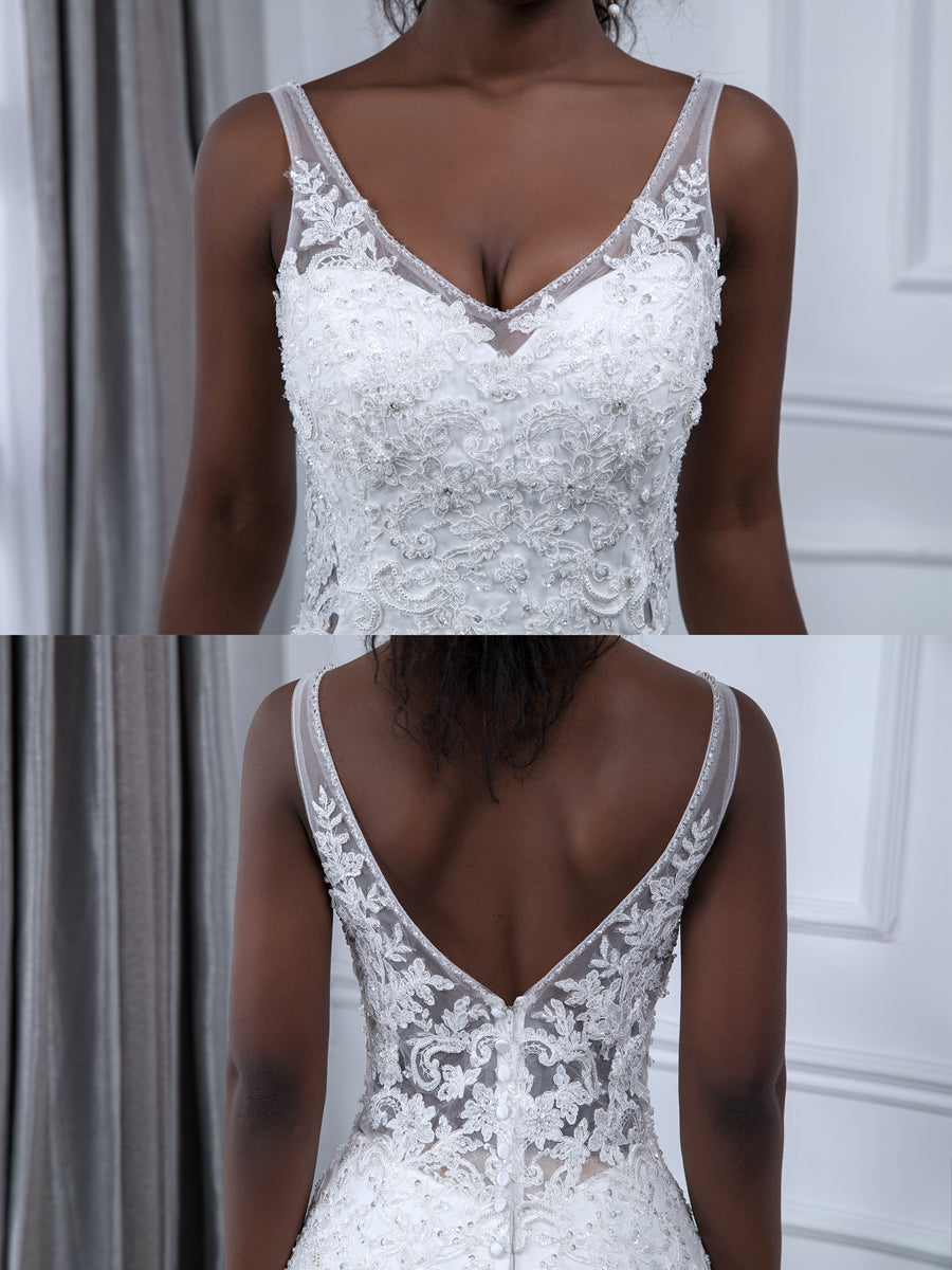 V-Neck Sleeveless Trumpet/Mermaid Wedding Dresses Featuring Lace Appliques