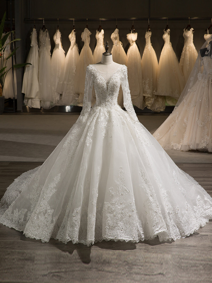 Scoop Neck Long Sleeve A-Line Princess Wedding Dress with Lace Appliques and Beading in Tulle