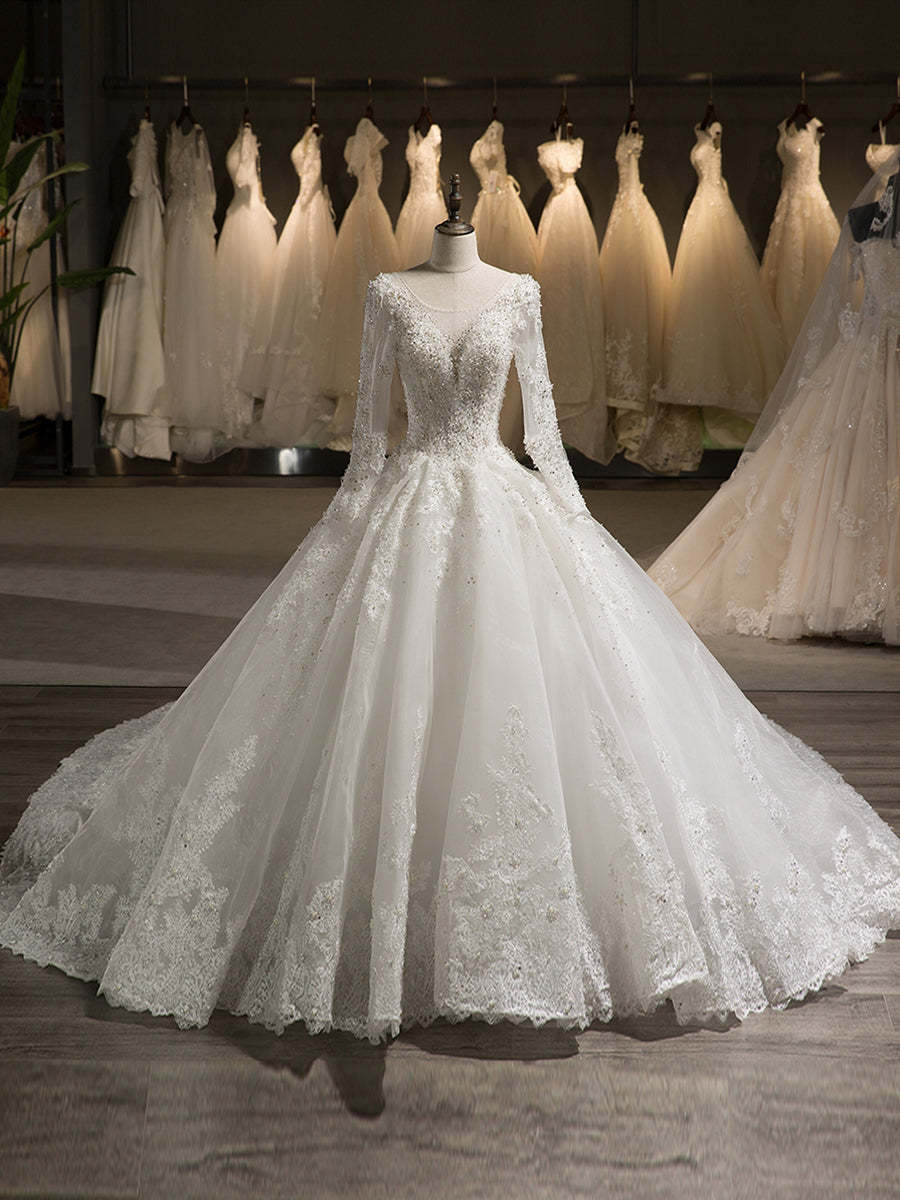 Scoop Neck Long Sleeve A-Line Princess Wedding Dress with Lace Appliques and Beading in Tulle