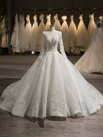 Scoop Neck Long Sleeve A-Line Princess Wedding Dress with Lace Appliques and Beading in Tulle