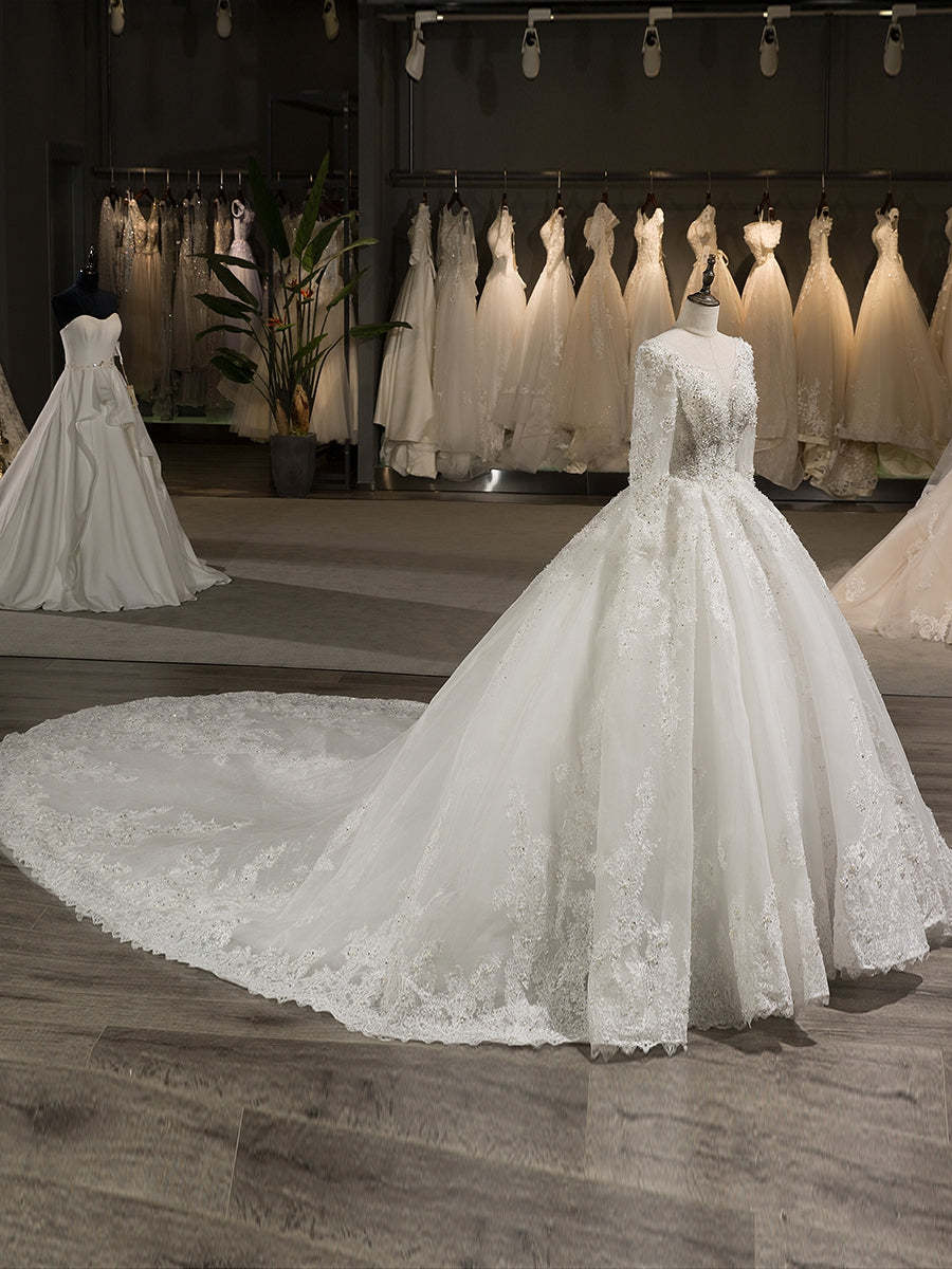 Scoop Neck Long Sleeve A-Line Princess Wedding Dress with Lace Appliques and Beading in Tulle