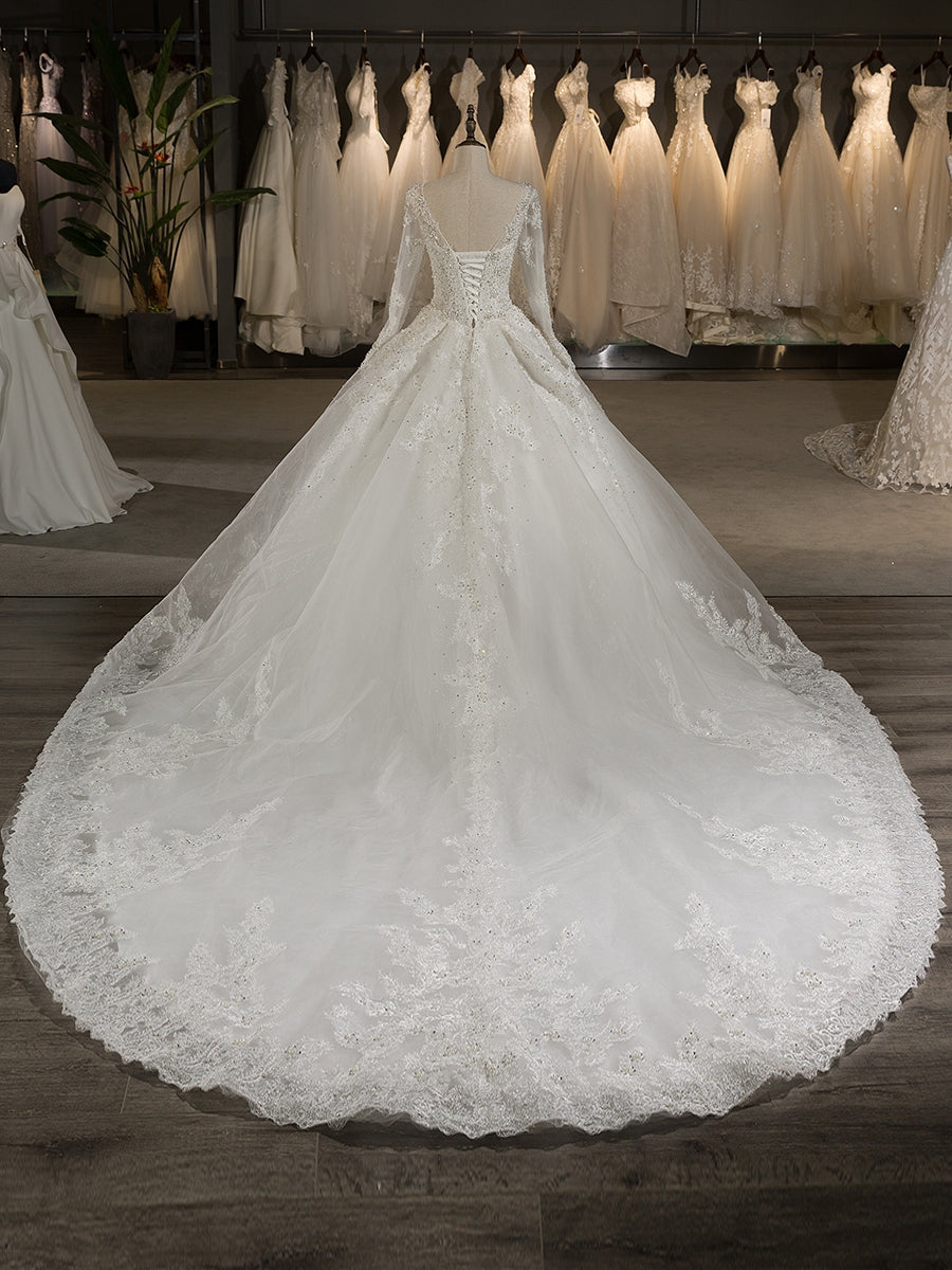 Scoop Neck Long Sleeve A-Line Princess Wedding Dress with Lace Appliques and Beading in Tulle