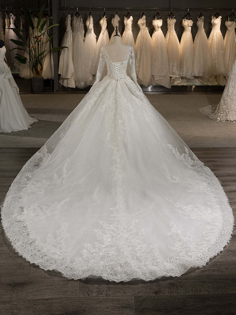 Scoop Neck Long Sleeve A-Line Princess Wedding Dress with Lace Appliques and Beading in Tulle