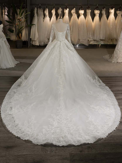 Scoop Neck Long Sleeve A-Line Princess Wedding Dress with Lace Appliques and Beading in Tulle