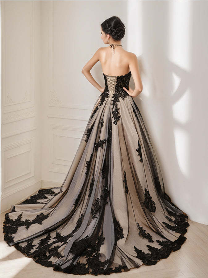 Black Strapless Sleeveless Ball Gown Wedding Dress Featuring Beading and Appliques