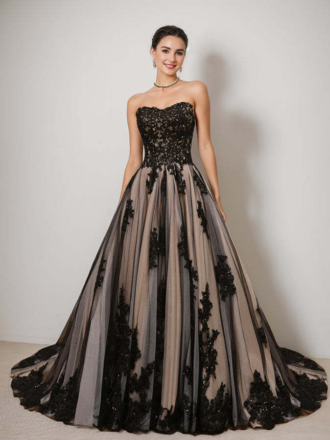 Black Strapless Sleeveless Ball Gown Wedding Dress Featuring Beading and Appliques