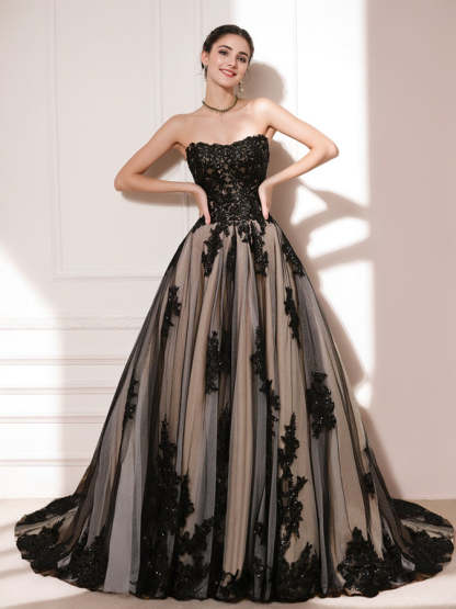 Black Strapless Sleeveless Ball Gown Wedding Dress Featuring Beading and Appliques