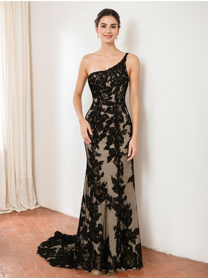 One-Shoulder Sleeveless Trumpet/Mermaid Wedding Dress with Appliques