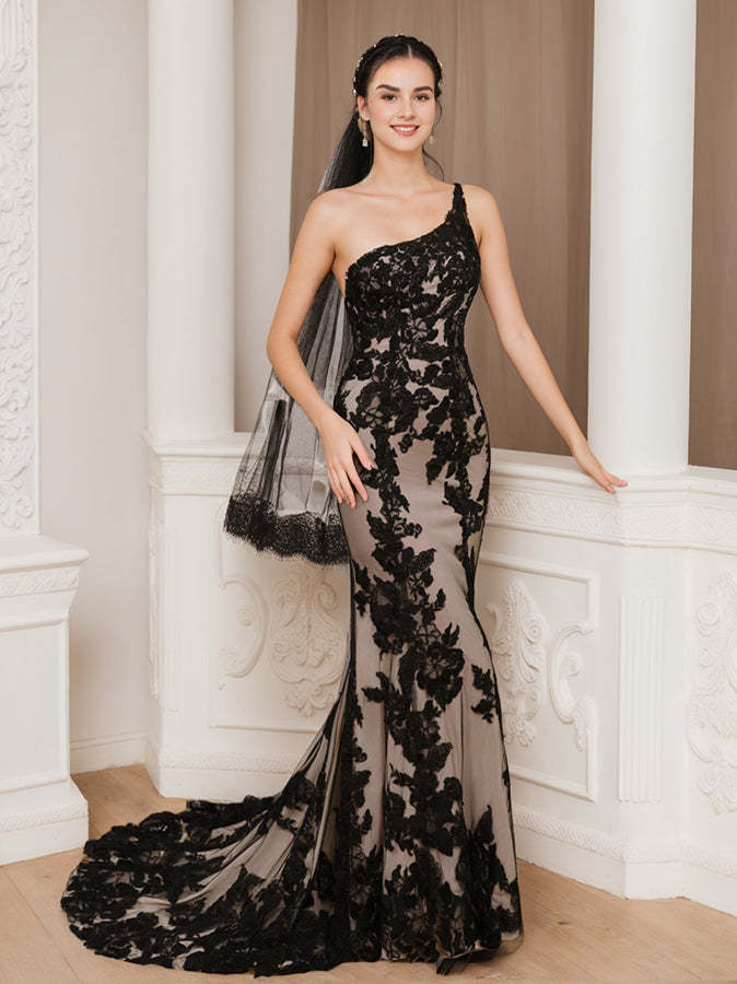 One-Shoulder Sleeveless Trumpet/Mermaid Wedding Dress with Appliques