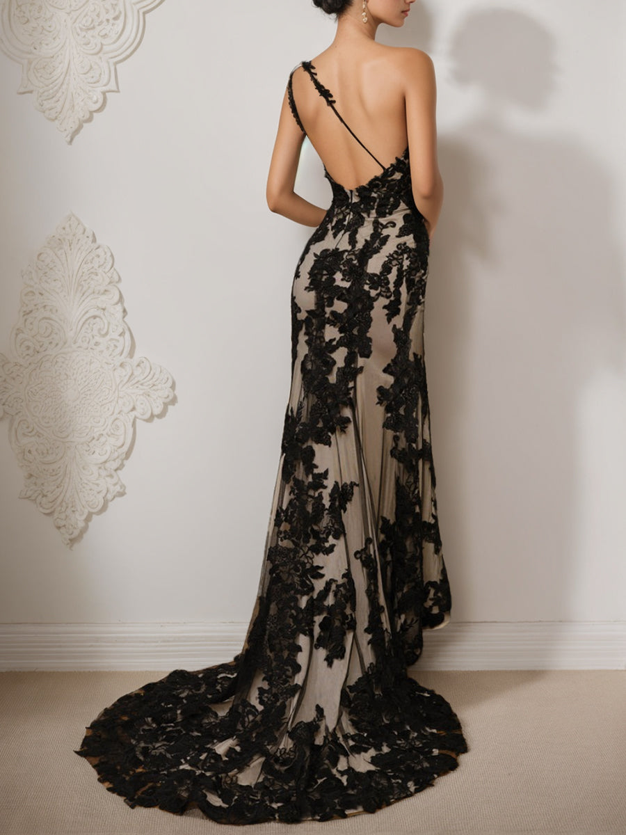 One-Shoulder Sleeveless Trumpet/Mermaid Wedding Dress with Appliques