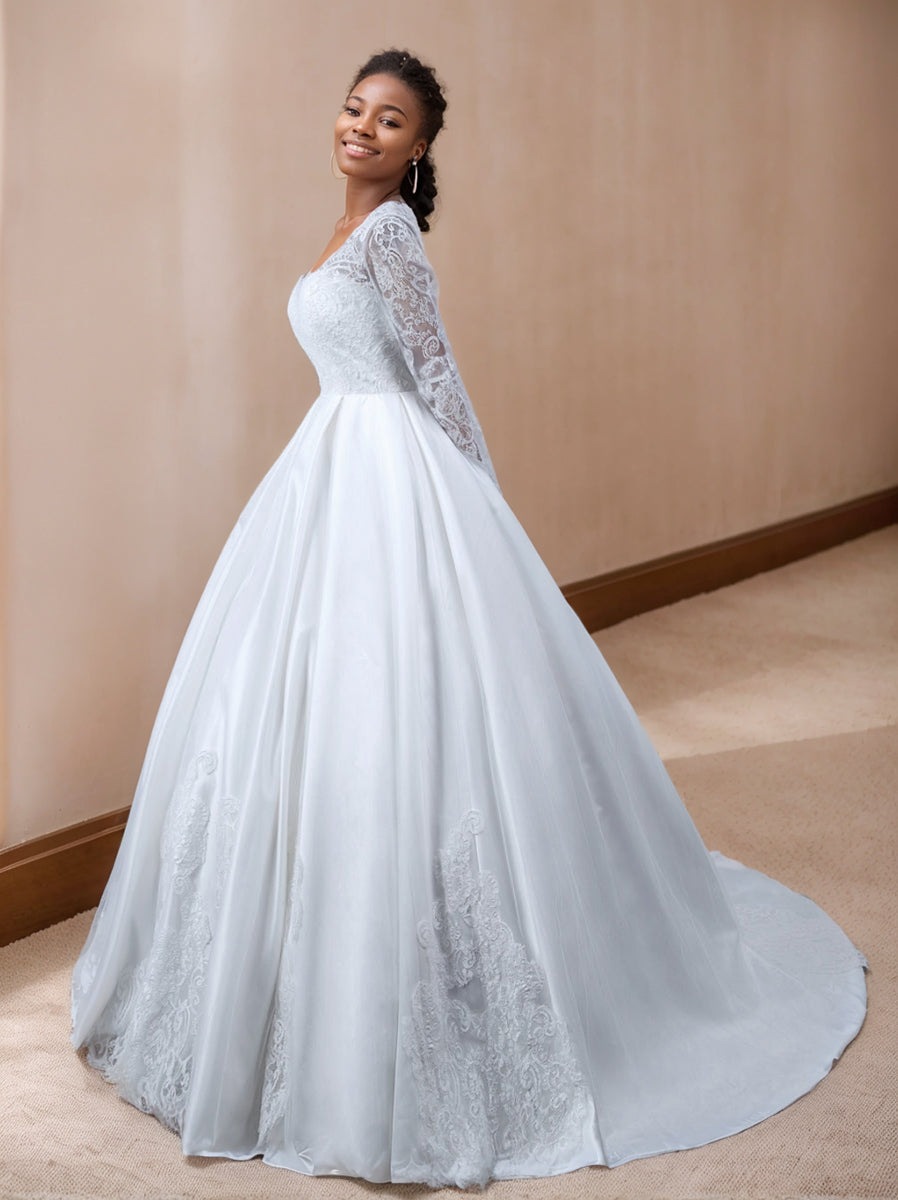 White V-Neck Long-Sleeve Ball Gown Wedding Dress with Appliques