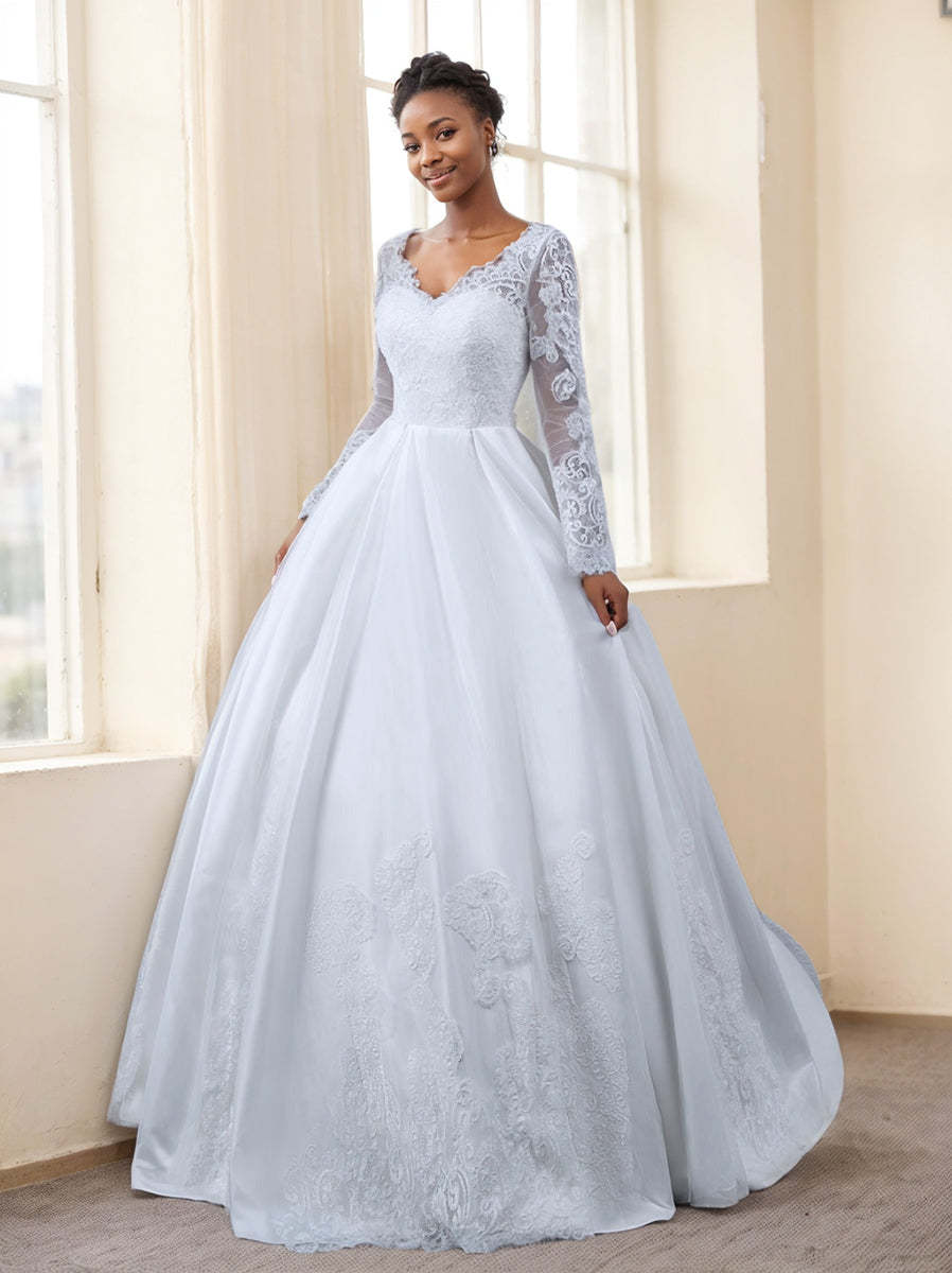 White V-Neck Long-Sleeve Ball Gown Wedding Dress with Appliques