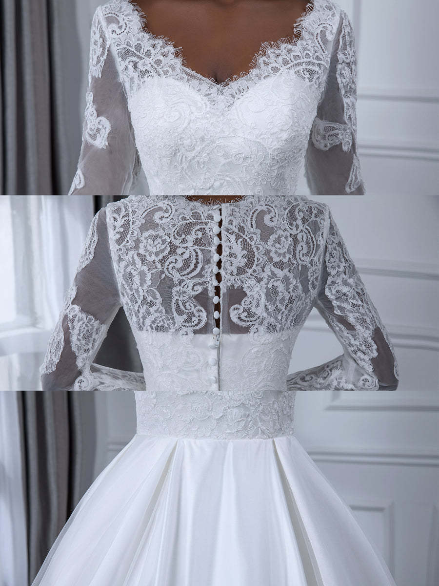 White V-Neck Long-Sleeve Ball Gown Wedding Dress with Appliques