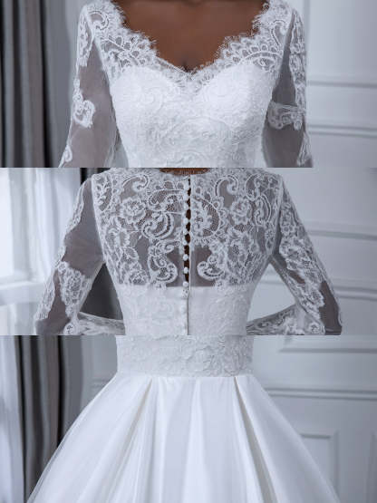 White V-Neck Long-Sleeve Ball Gown Wedding Dress with Appliques