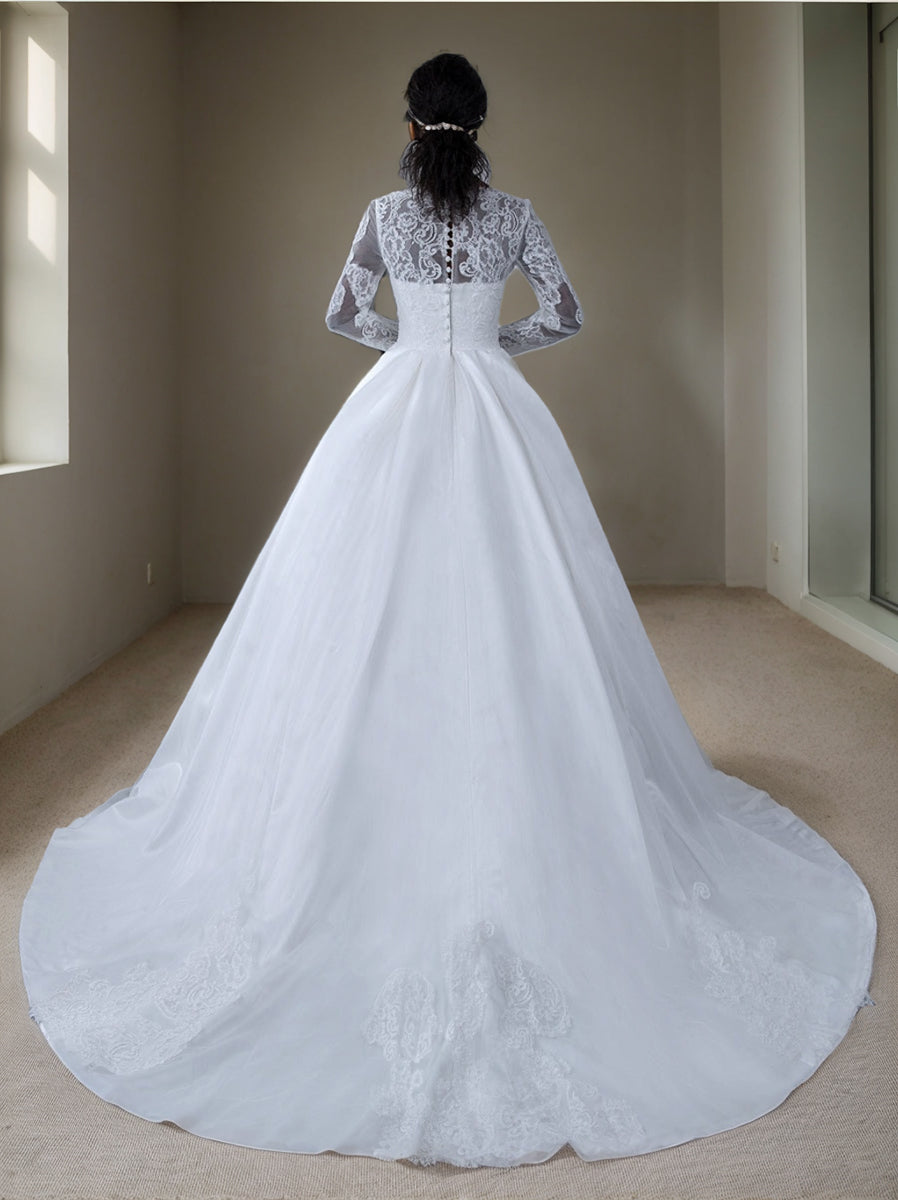 White V-Neck Long-Sleeve Ball Gown Wedding Dress with Appliques