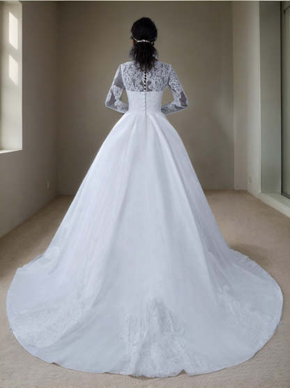 White V-Neck Long-Sleeve Ball Gown Wedding Dress with Appliques