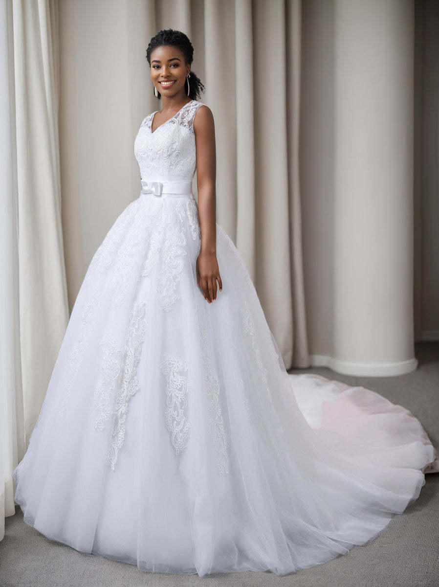 White V-Neck Sleeveless Ball Gown Wedding Dresses Featuring Appliques and a Bow Belt