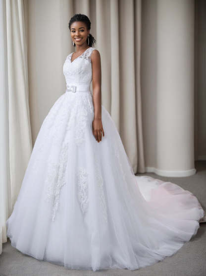 White V-Neck Sleeveless Ball Gown Wedding Dresses Featuring Appliques and a Bow Belt