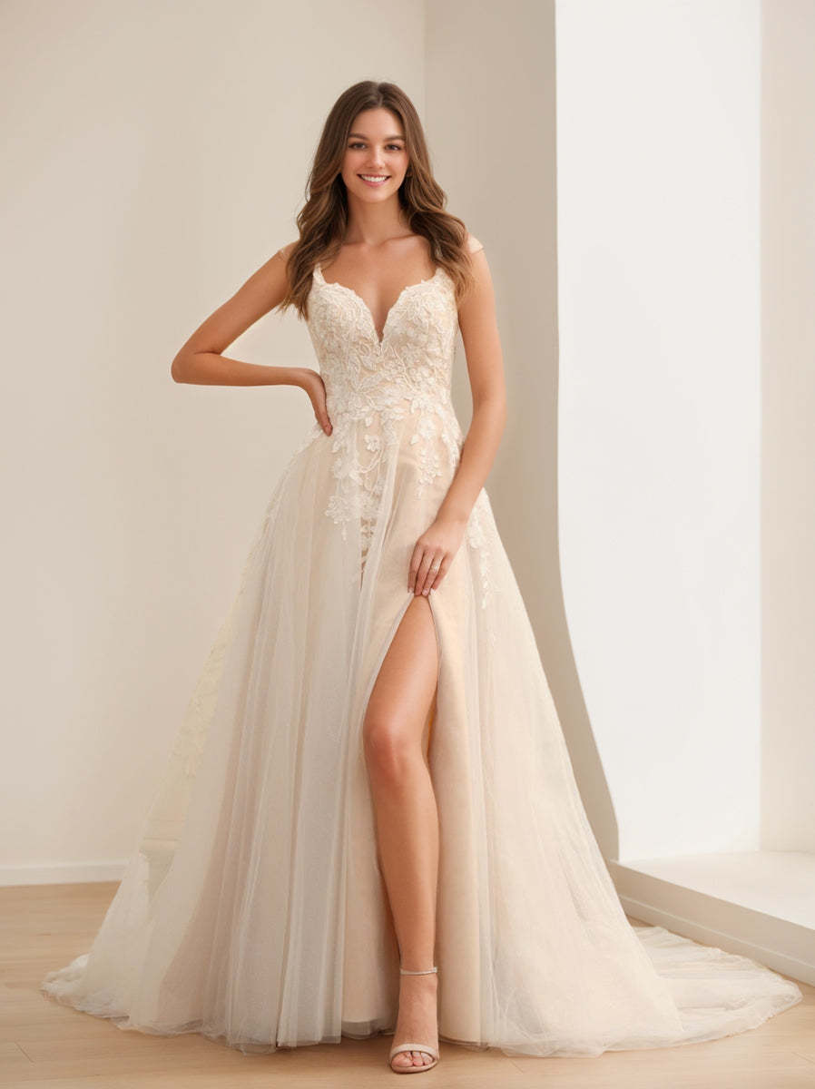 Long Sleeveless A-Line Wedding Dress with Princess Cut, Appliques, and Side Split
