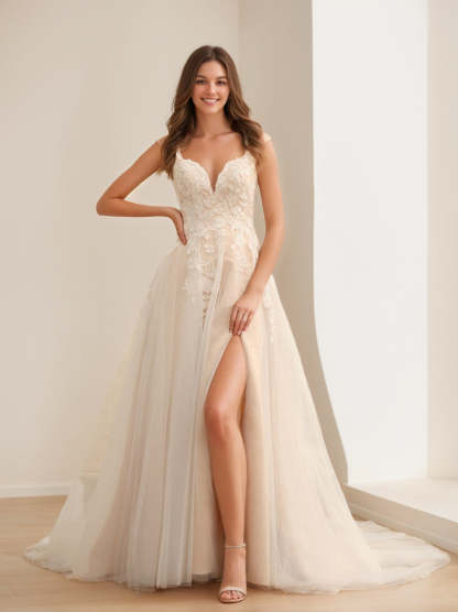 Long Sleeveless A-Line Wedding Dress with Princess Cut, Appliques, and Side Split