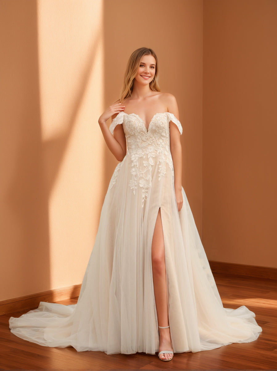 Long Sleeveless A-Line Wedding Dress with Princess Cut, Appliques, and Side Split