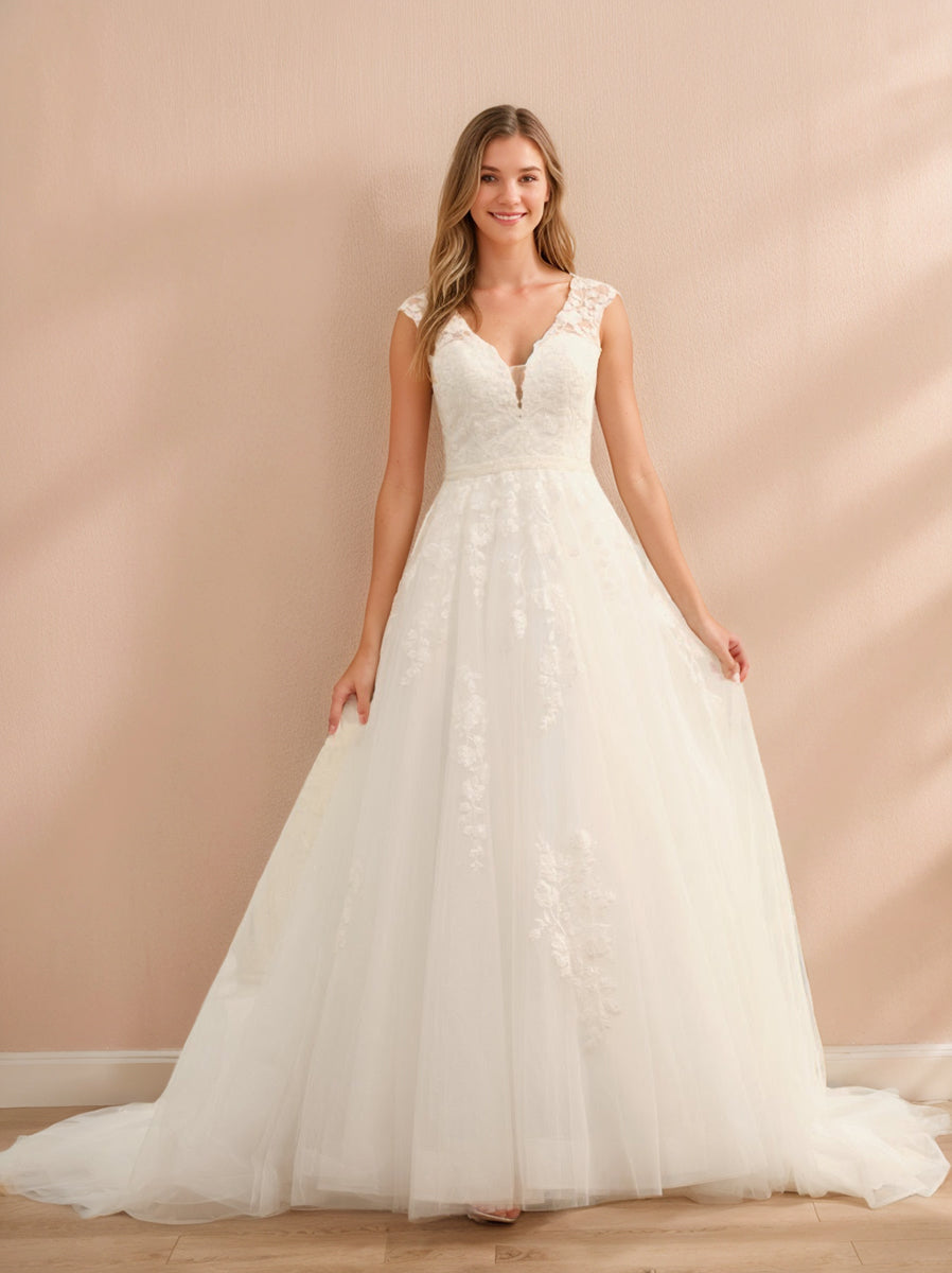 V-Neck Sleeveless Tulle Ball Gown Wedding Dress with Applique and Beading