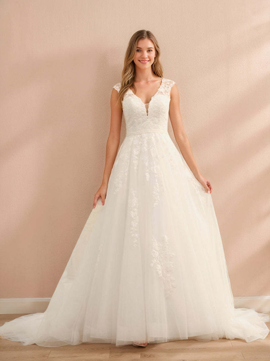 V-Neck Sleeveless Tulle Ball Gown Wedding Dress with Applique and Beading