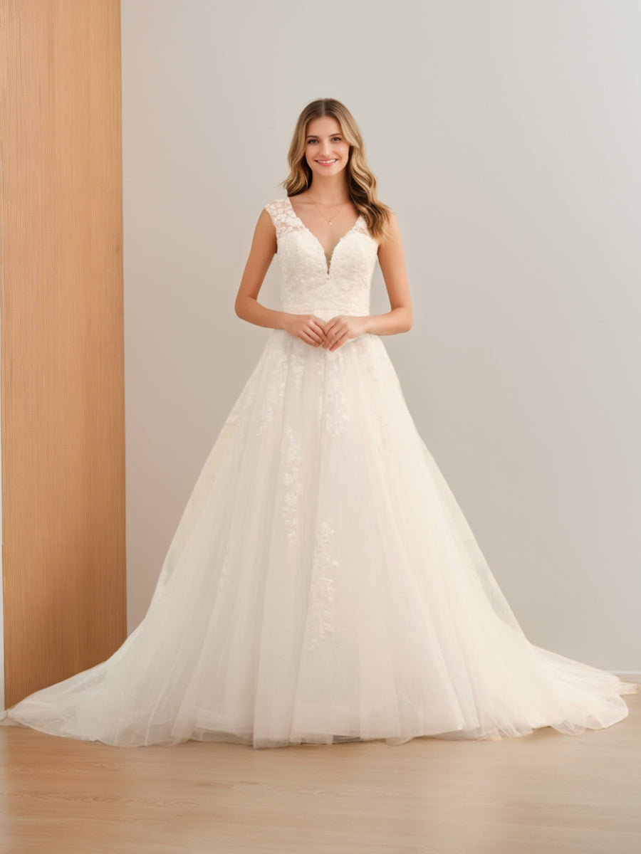 V-Neck Sleeveless Tulle Ball Gown Wedding Dress with Applique and Beading