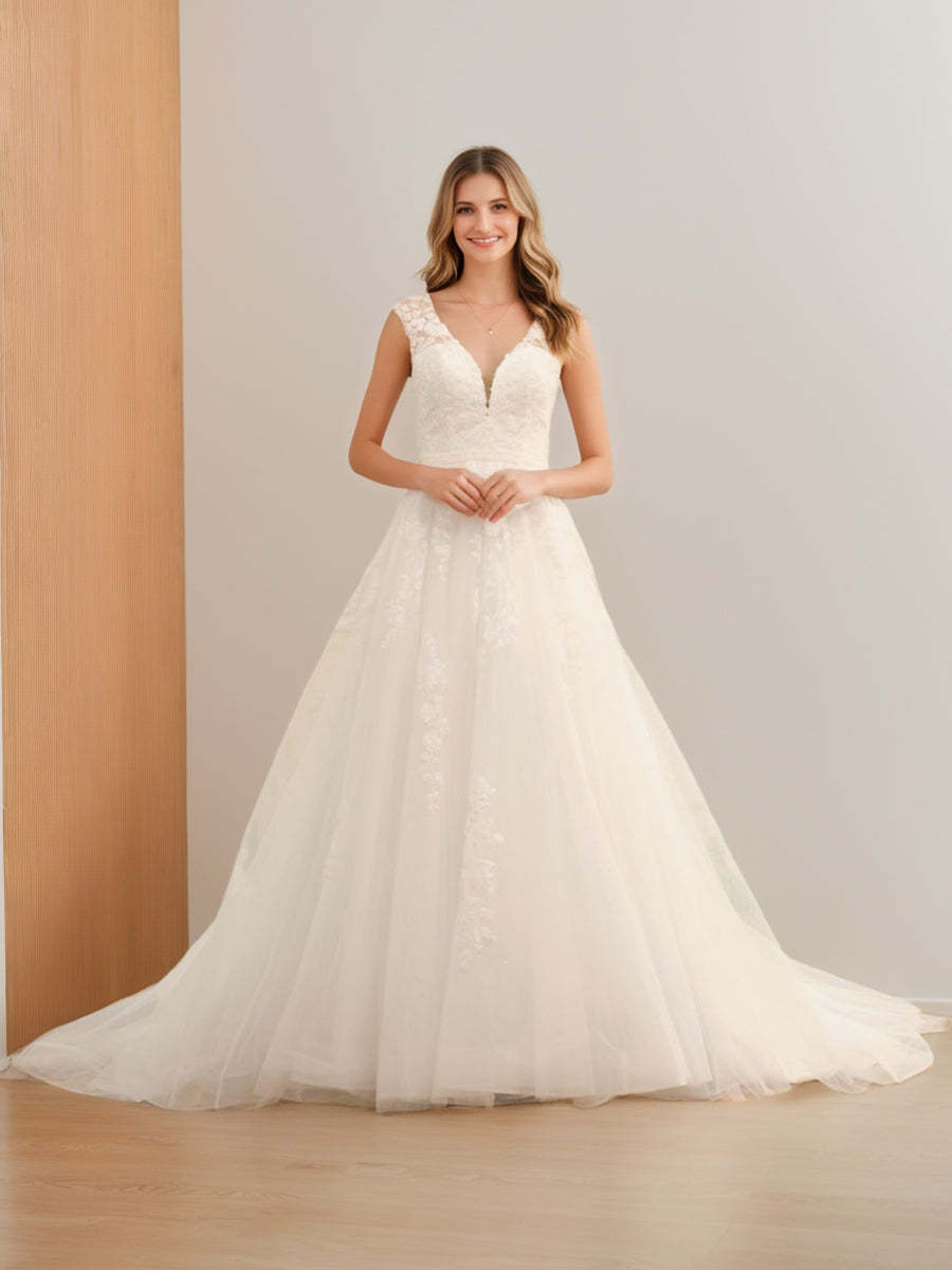 V-Neck Sleeveless Tulle Ball Gown Wedding Dress with Applique and Beading