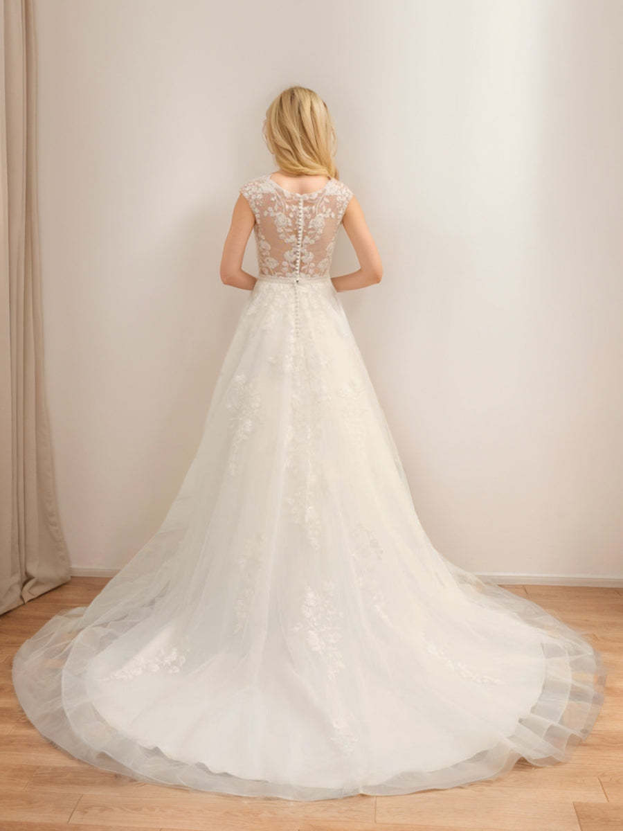 V-Neck Sleeveless Tulle Ball Gown Wedding Dress with Applique and Beading