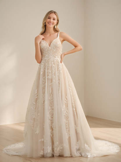 Spaghetti Strap Sleeveless A-Line Princess Wedding Gown with Appliques