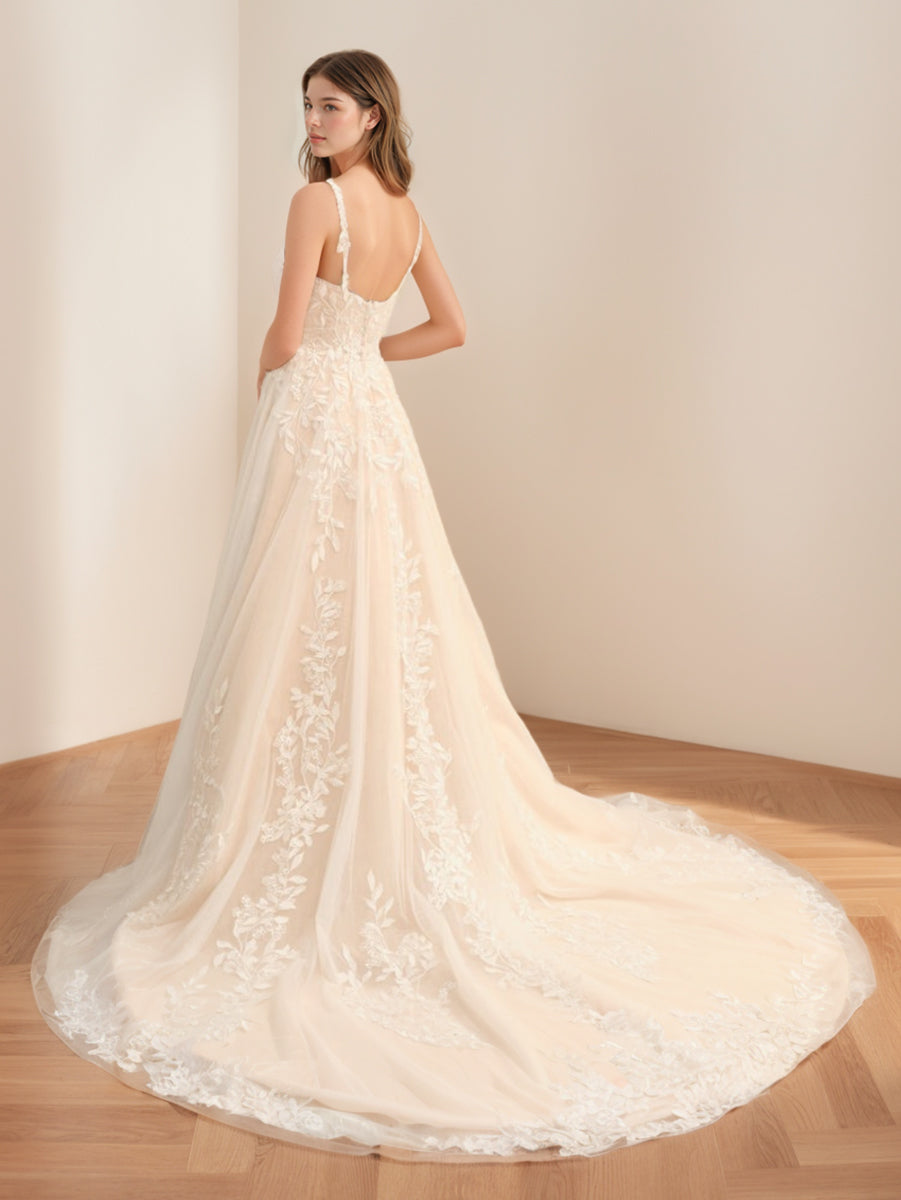 Spaghetti Strap Sleeveless A-Line Princess Wedding Gown with Appliques