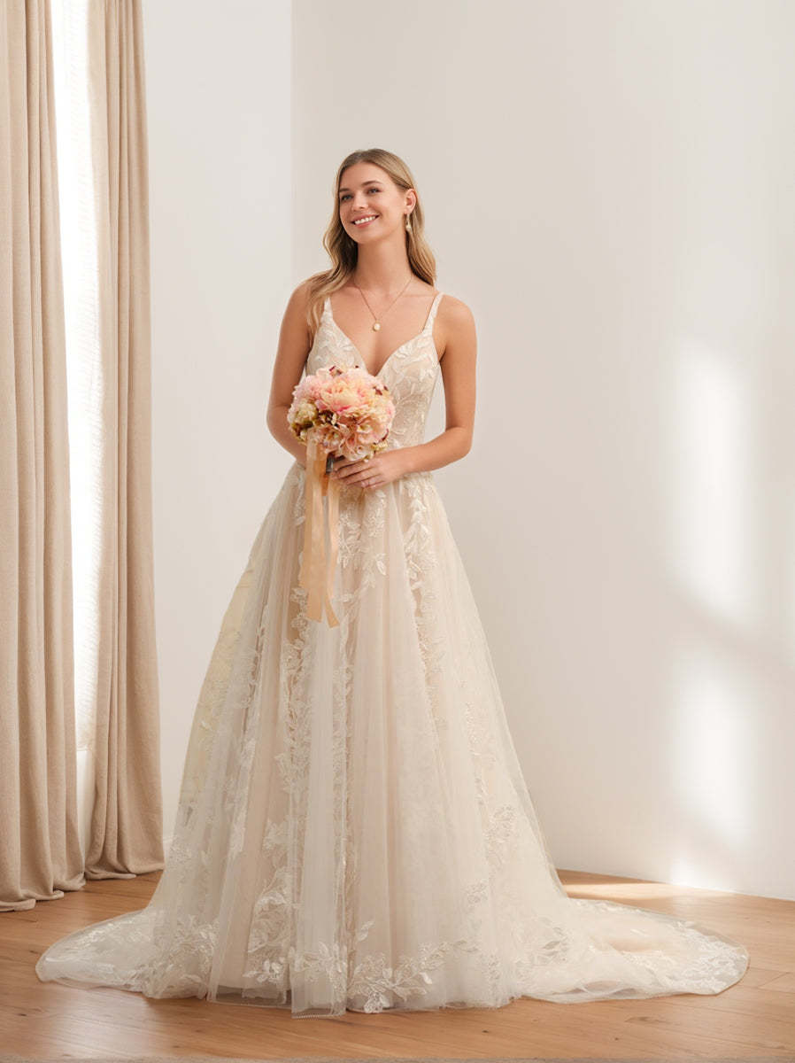 Spaghetti Strap Sleeveless A-Line Princess Wedding Gown with Appliques
