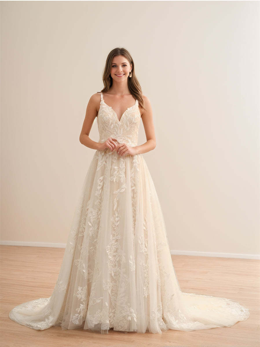 Spaghetti Strap Sleeveless A-Line Princess Wedding Gown with Appliques