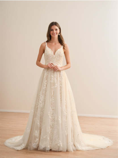 Spaghetti Strap Sleeveless A-Line Princess Wedding Gown with Appliques