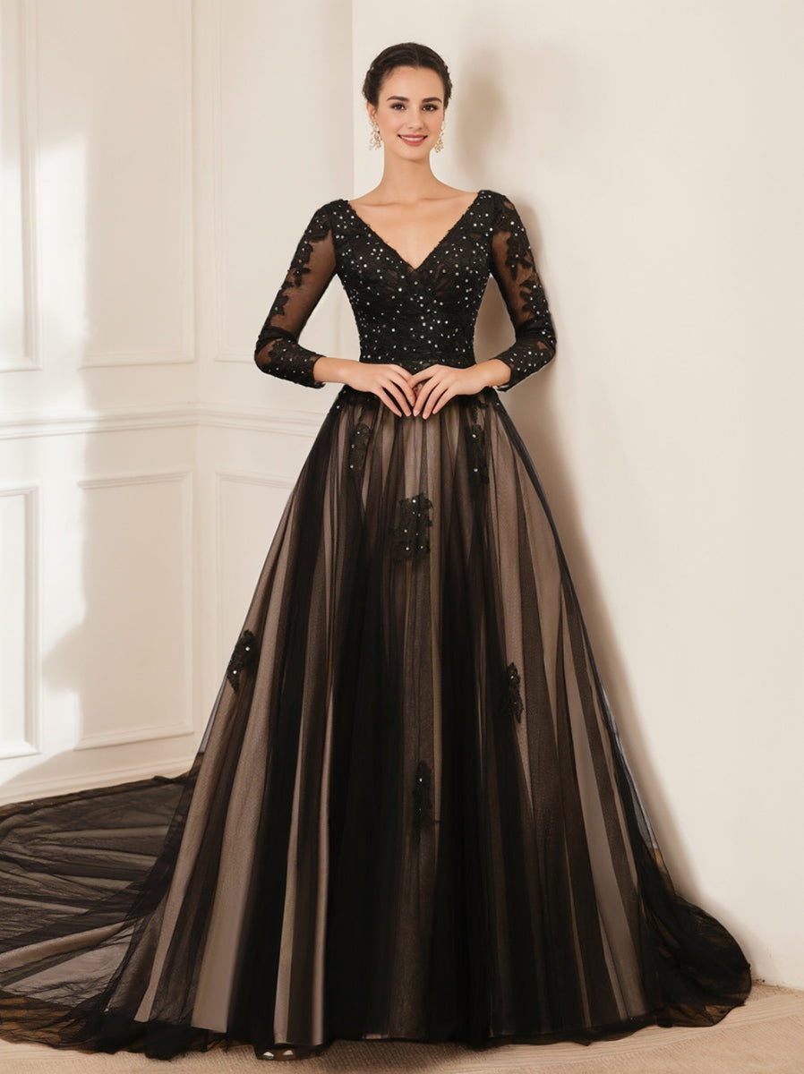 V-Neck A-Line Princess Wedding Gown with Long Sleeves, Tulle Fabric, Appliques, and Beading